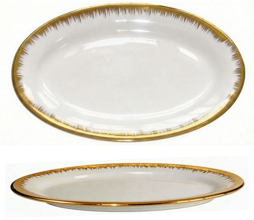 Edle Ovaler Teller Set Keramik Weiß mit Goldrand 26.5 cm,Oval Servierteller mit Unregelmäßig Goldenem Rand,Moderne Porzellan Speiseteller, Steakteller, Fischteller für Antipasti,Tapas, Desserts &Pasta