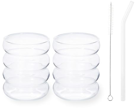 H&H, Set 2 Bicchieri Matcha, in Vetro Borosilicato con 2 Cannucce + 2 Scovolini – Lavabili in Lavastoviglie, Adatti a Microonde, Perfetti per Bevande Calde e Fredde – Idea Regalo Elegante