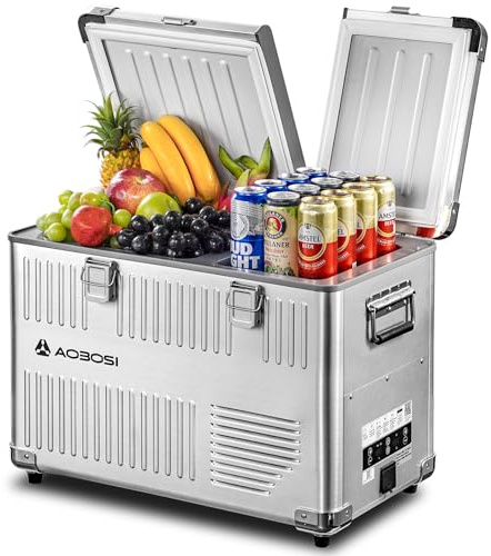 AAOBOSI Compressore frigorifero da 40 l, scatola frigo da 12 V, 230 V, compressore con ruote, doppia zona da -20 °C a 20 °C, frigorifero in alluminio per auto, camper, campeggio, giardino, barca