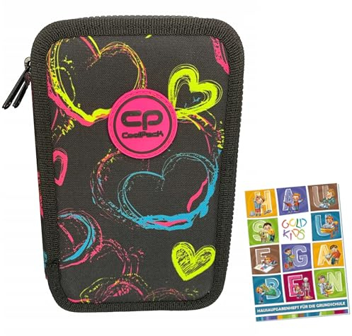 Goldkids - Federmäppchen 3 Fächer - Mäppchen für für Mädchen und Jungen - Federmappe 3-Fach Federtasche Gefüllte Schüleretui Schulmäppchen und Hausaufgabenheft - Bunte Herzen Motiv
