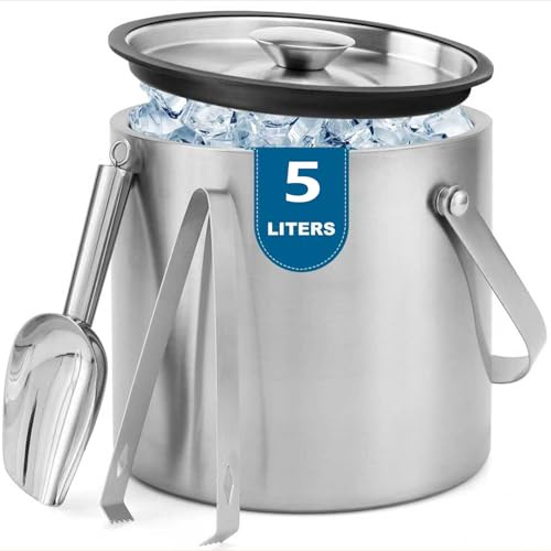 Yeatruojeet Secchiello per il ghiaccio, 5 l, a doppia parete, isolato, con coperchio, paletta, pinze, strato interno in acciaio inox 304, per mantenere il ghiaccio congelato più a lungo, ideale per