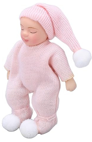 SENECESLI Puppenhaus-Babyfigur aus Porzellan Im Maßstab 1:12 mit Beweglichen Gelenken und Rosa Pullover, Ideale Puppenhaus-Miniatur-Neugeborenen-Dekoration für, 7,1 cm