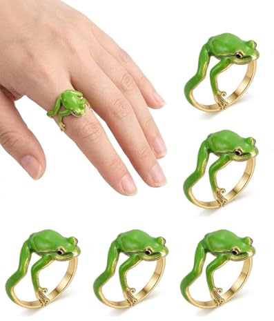 AEUXZA 5 Pièces Bagues Grenouille Set de Vert Ajustables, Bijoux Fantaisie Animaux pour Enfants & Adultes, Mignonnes & Ludiques, Idéal Cadeau Fête Anniversaire
