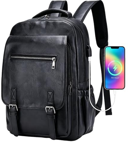 Lumavox Laptop-ryggsäck för män reseryggsäck med USB-laddningsport, 15,6 tum laptopryggsäck i läder för män, Svart, M, Företag