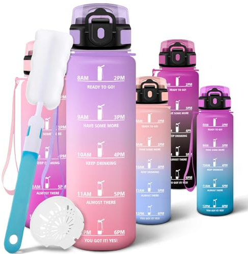 Motswedi Borraccia 1 Litro, Borraccia Palestra, a Prova di Perdite Bottiglia acqua, Include Spugna di Pulizia, Motivazionale Bottiglia Plastica 1l - Lilla chiaro & Rosa Chiaro