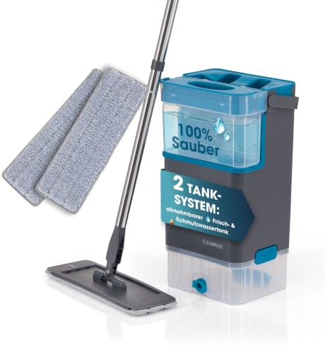 CLEANmaxx Komfort-Mopp DuoTank + Ersatz-Wischpad 2er-Set - Bodenwischer mit abnehmbaren Tanks, Wischmopp mit 100 % hygienisch getrenntem Frisch- & Schmutzwasser | Wash- & Dry-Zonen