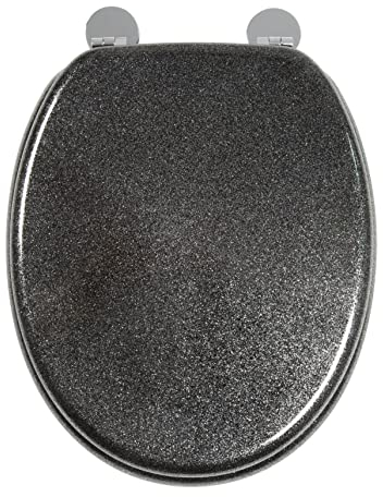 Croydex Black Quartz Flexi-Fix Toilet Seat - Adjustable Hinges with Top & Bottom Fixings Included and Rust Free Chromed Plated Hinge Covers, Antibacterial Treated Surface (Black)