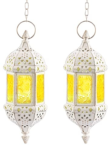 NUPTIO Kerzenlaterne Marokkanisch Weiße Laternen für Kerzen Orientalische | 2er Metall Glas Hängend Teelichthalter Dekorative Teelichtlampe Innen Außen Kette Terrasse Garten Weihnachtsdekorationen