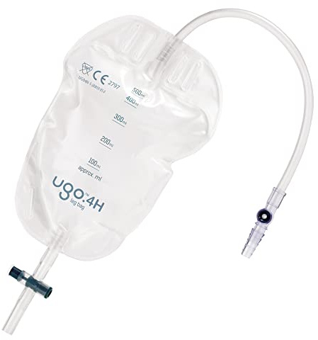 Ugo-Beintaschen (x10) - Urindrainagebeutel/Katheter-Beintaschen, T-förmige oder hebelförmige Taschen mit weicher Stoffrückseite (10er-Pack) (Ugo 4H - 500ml, lange Tube, T Tap)