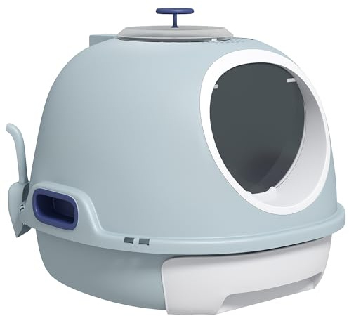 PawHut Cat Litter Box Toilet with Litter Scoop Enclosed Drawer Blue | Front Entry Top Exit, Easy To Clean