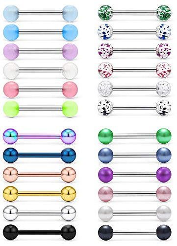 Vcmart 24 pièces Barres de Langue Anneaux de Mamelon Piercing 14G 12/14/16/18mm haltère en Acier Inoxydable métal Paillettes Perle