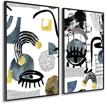 DekoArte Set de 2 cuadros con marco negro impresión estilo arte abstracto picasso en tonos blancos, negros, azules, listos para colgar