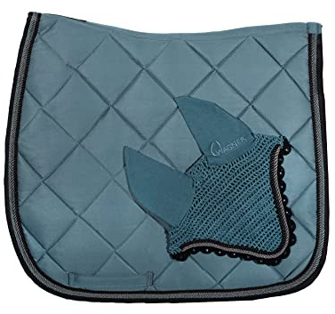 WAGNER Dressur Schabracke mit Fliegenhaube und Strass-Steinen Vintage BLAU-SCHWARZ