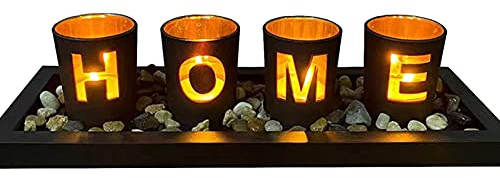 Home Teelichthalter - Porzellan kerzenhalter Schwarz von außen und Goldfarben innen Mit Holz Tablett, Goldene Lichteffekte, Das Beste Dekoration für Landhaus Esstisch