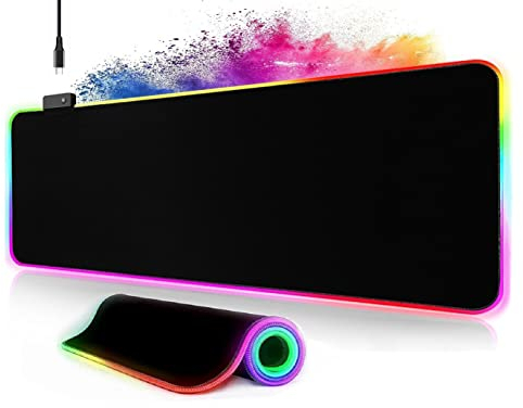 Gaming Mauspad XXL 800 x 300mm RGB Mousepad groß mit 14 Beleuchtungs Modi 7 LED Farben Vernähte Kanten Wasserdicht Anti-Rutsch,Verbessert Präzision | Komplett Schwarz