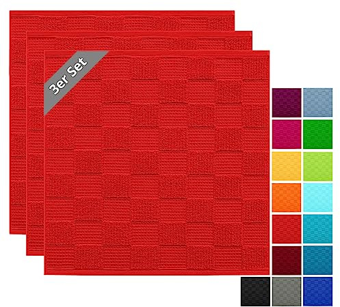 Lashuma Geschirrtücher 100% Baumwolle - Küchenhandtücher & Geschirrhandtücher 50x50 cm Waffelpique & Frottee Rot - Scharlach, 3er Set | 100% Baumwolle in schwerer 420 gsm Qualität, saugstarke Abtrockentücher im 3er Set für Geschirr und Hände