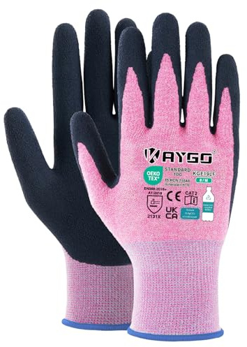 KAYGO Arbeitshandschuhe für Damen Latex Beschichtete Atmungsaktiv, KGE19LF | Recyceltem Polyester, 3 Paar Frauen Gartenhandschuhe, umweltfreundliche Schutzhandschuhe für Gartenarbeit (Rosa, M, Gr 8)