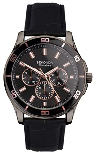Sekonda Midnight Men’s 44mm Quartz Watch in Black with Analogue Display, and Black Leather Strap 30026