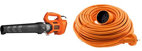 BLACK+DECKER Souffleur Axial Filaire 1850W, Souffleur de Feuilles Mortes avec 2 Vitesses et Racloir Intégré & Zenitech Prolongateur 16A HO5VV F 2x 1,5 2P sans terre Orange 20m