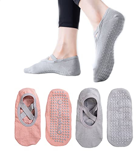 TSHAOUN 2 par yogastrumpor halkfria, halkfria pilatesstrumpor för kvinnor, halkfria strumpor för yoga, pilates, dans och balett, aerobics och fitnessträning, stoppstrumpor, rosa och grå, M