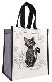 KIUB Einkaufstasche aus recyceltem Material – Motiv schwarze Katze ruhig sitzend – Format 30 x 26 cm mit einer Dicke von 16 cm, weiß, S