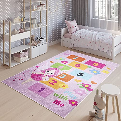 TAPISO Emma Kinderteppich Rosa Bunte Zahlen Lernen Antirutsch 80 x 150 cm | Waschbar bei 30 Grad bedruckter Kinderteppich Kinderzimmer Jugendzimmer Modern OEKO-TEX