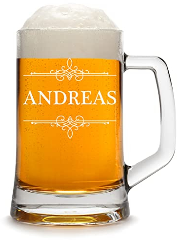 Boccale da birra da 0,5 litri con incisione a scelta – Brocca misura in vetro – Regalo di compleanno per uomini – Bicchiere da birra bianco con manico – Classico Monaco – Oktoberfest – Natale