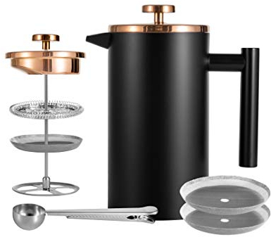 Meelio Kleine French Press Kaffeemaschine, 600 ml, schwarz, doppelwandig, isoliert, französische Presse, Kaffeepresse aus Edelstahl für Reisen, Camping, inklusive 2 zusätzlichen Flitern und 1