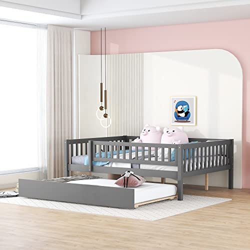 Full Size Bed Frame with Trundle and Fence Railings, Wooden Montessori Style Kids Beds with Slats Support, Dual-use Daybed for Bedroom and Living Room, Gray
