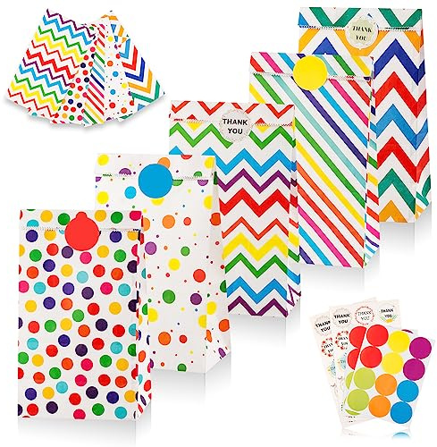 Leenou Papiertüten, 20 Stück Bunte Geschenktüten mit 54 Aufkleber Geburtstagstüten Kinder Candy Tüten zum Verpacken Geschenken, Kindergeburtstag, Hochzeit, Party, Feiern