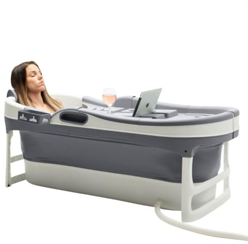 HelloBath® Faltbare Badewanne XL 148x63x52 cm für Erwachsene | Tragbare Badewanne mit Badekissen, Aufbewahrungstasche, LED-Lampe & Massagerollen | Mobile für Dusche & Outdoor | DunkelGrau
