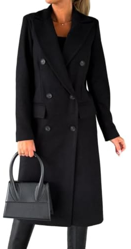 IDEALSANXUN Black Trench Coats for Women Fall Fashion Outfits 2026 Midi Length Double Breasted Wool Coat Peacoat Warm Jacket Ladies Winter Coats, Black, S
