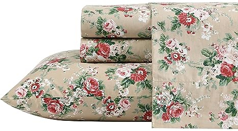 Laura Ashley - Twin Sheets, Cotton Percale Bedding Set, Crisp & Cool Home Decor (Ashfield Beige, Twin)