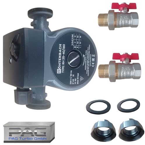 PAG Turbo GmbH® - Röhtenbach Heizungspumpe Umwälzpumpe RH 25-60/180 + Verschraubungen + Absperrhahn Ventile