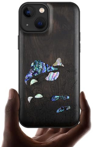 Carveit Bois Etui pour iPhone 13 Magnétique Coque, Incrustation de Coquille de Téléphone Antichoc Compatible avec Apple 13 Étui Magsafe (Bois Sombre-Champignons millésimés)