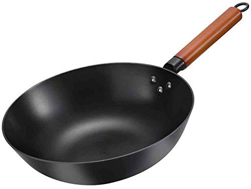 Sartén Wok, Sartén Sin Productos Químicos De 12,6 Pulgadas, Olla De Hierro Chino 100% Acero Al Carbono con Mango De Madera Desmontable, Fondo Plano Resistente A Los Arañazos para Estufas Eléctricas,