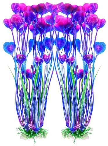 AQUANEAT Artificial Fish Tank Plants, Plastic Aquarium Accessories Large, 15.5 inch Purple Decorations, 2pcs