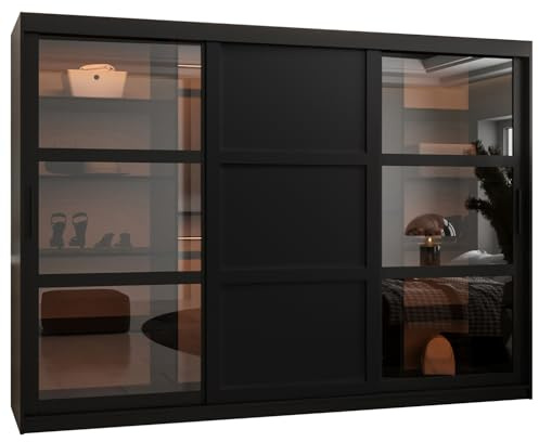 MEBLE KRYSPOL Dome 3 Schrank mit DREI Schiebetüren, Stangen und Regalen - Aufbewahrungsschrank mit Rauchglas für Schlafzimmer, Wohnzimmer - 200x250x62cm - Schwarz, Schwarz, Schwarz