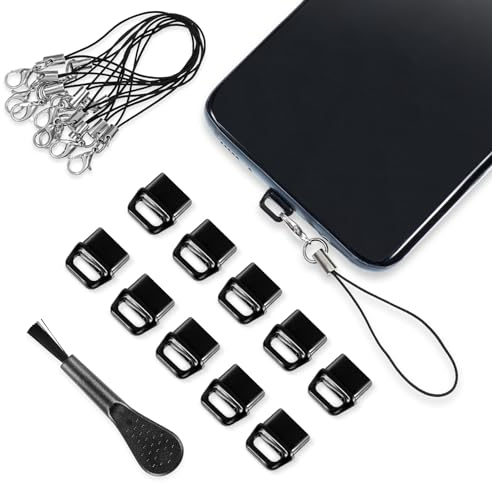 Lot de 10 cache-prises anti-poussière USB C, Bouchon anti-poussière de type C, capuchon de protection avec 10 pièces de lanière de téléphone pour téléphones portables et brosse de nettoyage (noir)