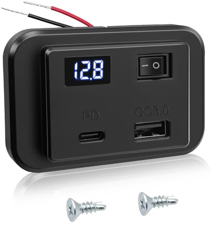Hoembpn USB Ladebuchse Autoladegerät mit Voltmeter PD Type C & QC3.0 USB Handy Schnellladegerät Steckdose Panel mit Schalter für 12V/24V Wohnmobil, Auto, Motorrad, LKW