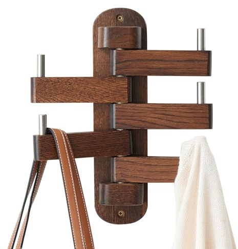 TRWISWDC Swivel Coat Rack Oak Coat Hooks, Wood Wall Hooks with 5 Swivel Foldable Arms, 12'' Length Wall Coat Rack Hat Hooks for Bathroom Entryway Bedroom Office Kitchen, Heavy Duty (Walnut)