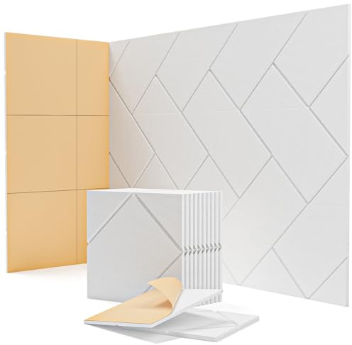 Acoustic Wall Panels Self Adhesive, 12 Pack Sound Absorbing Panels for Walls, Ceilings, Doors, Peel & Stick Decorative Acoustic Art Tiles for Studio, Home Office, Gaming Room, 12 X 12 X 0.4, White