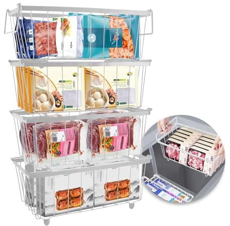 4 Pezzi Cestini per Congelatore a Pozzetto, 37.2x18x14cm Cestelli per Congelatore Impilabile con Manici Piegato e Fondo Antiscivolo, Cesto per Congelatore in Filo Metallo Cesto per Freezer 141-198L