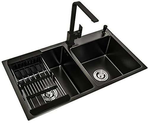 Fregadero de cocina de dos senos, fregadero de barra húmeda y de preparación, fregadero de acero inoxidable 304 para vehículos recreativos con grifo cuadrado y desagüe, montaje superior o inferior