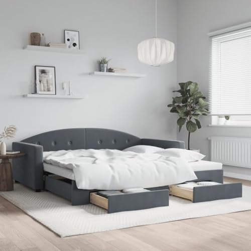 Hommdiy Tagesbett,Sofabett,Einzelbett,Schlafsofa Bettgestell mit Lattenrost,Jugendbett,Ausziehbar,Daybett Dunkelgrau 100x200 cm Samt mit Bettkasten & Schublade