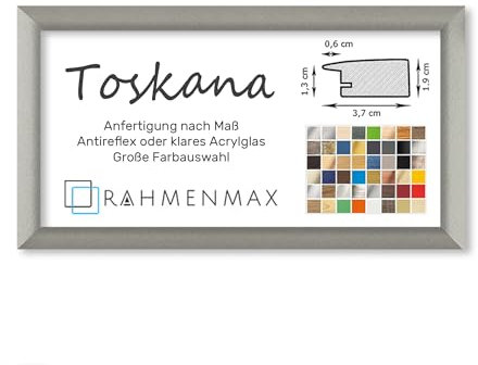 RahmenMax® Toskana Bilderrahmen Bildmaß 40x100 cm zum Aufhängen/Maßanfertigung möglich/MDF Posterrahmen in Mattsilber mit Acrylglas klar/Puzzle Rahmen