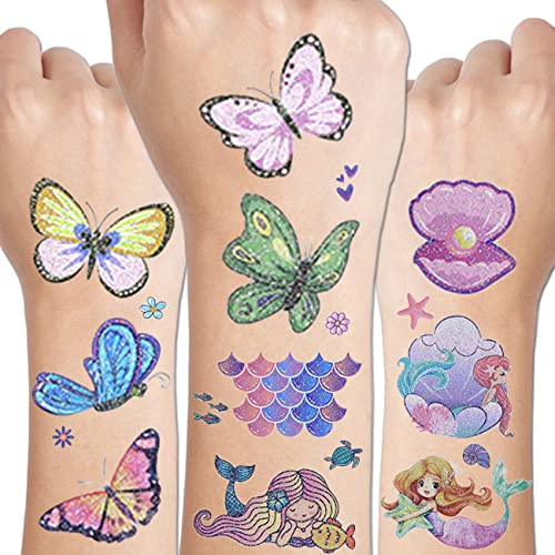 CHARLENT 24 Bögen Glitzer Schmetterling Meerjungfrau Tattoos für Mädchen | Glitzernde Klebetattoos mit Schmetterlings- und Meerjungfrau-Motiven, ideal für Kindergeburtstage, Partys und Geschenke