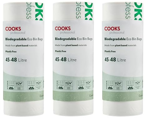 Cooks Professional Pack of 75 Biodegradable Compostable Bin Bags | 45-48L | Eco-Friendly Plant-Based Garbage or Recycling Liners for Home, Kitchen, Food, Garden or General Waste Disposal