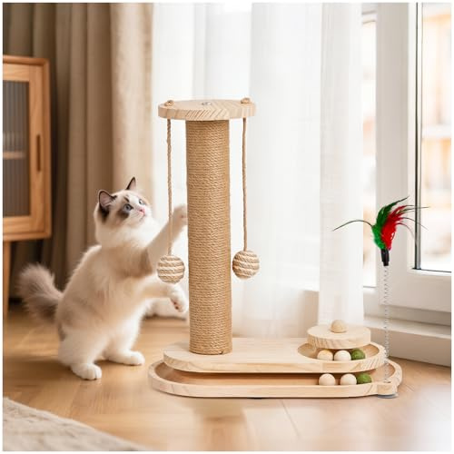 Petjoyi Poste rascador para gatos de interior, juguetes para gatitos con palo de gato, pista de bolas de madera de 2 niveles y poste rascador de sisal con bolas de juguete