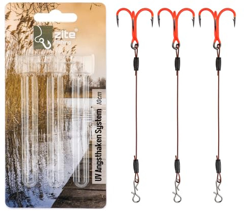 Zite Fishing Angsthaken Stinger System Hecht #6, #8 und #10 | UV-Aktive Drillinge System Raubfischangeln für Gummiköder | Schnellwechsel Clips & Einfaches Einhängen | Fertigmontage